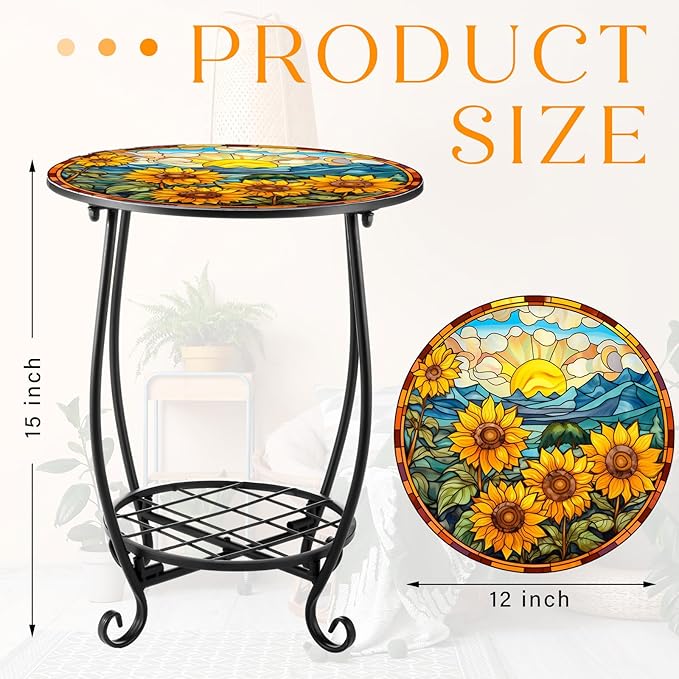 Cinnvoice Outdoor Side Table Round Small Mosaic Patio Accent Indoor End Plant