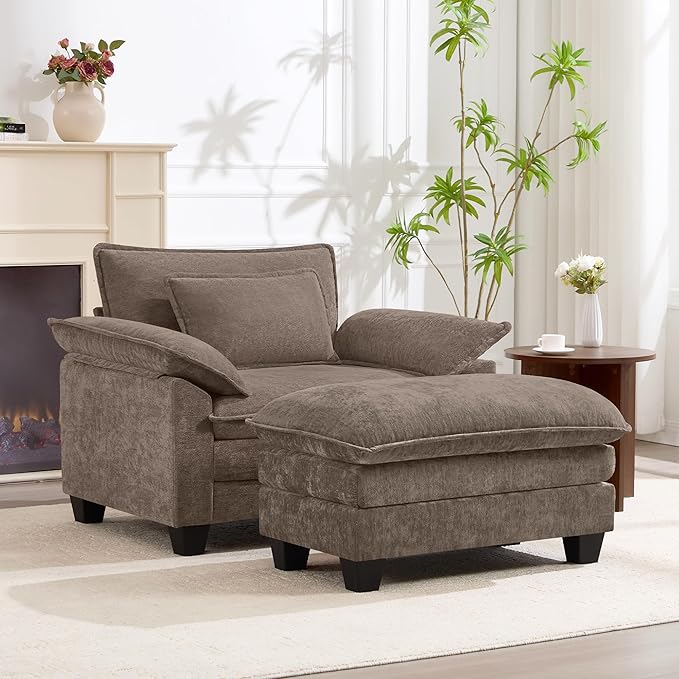 Oversized Accent Chair with Ottoman, Upholstered Armchair with Extra Thick