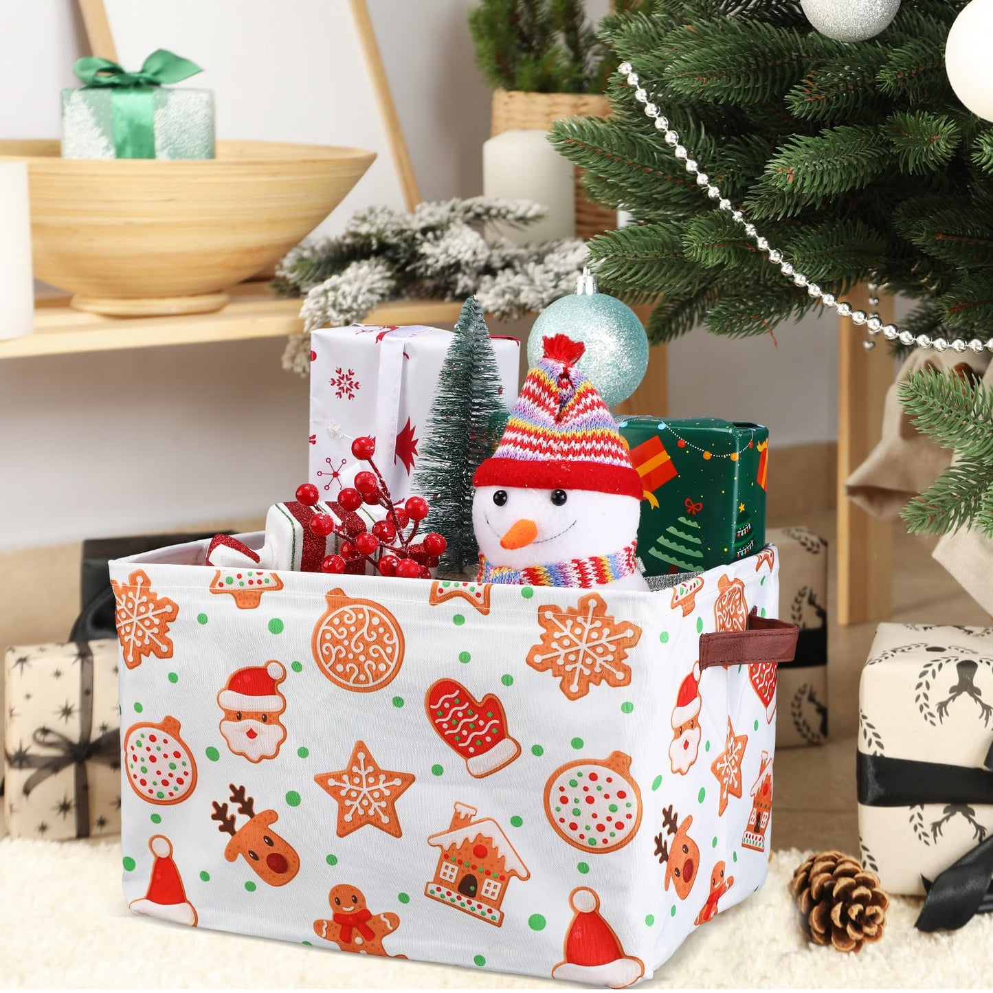 Geelin 3 Pcs Large Christmas Baskets 15 x 11 x 9.5 Inch Empty Xmas Storage Bin with Handles Collapsible Waterproof Extra Big Foldable Gift Basket for Office Home Bedroom Cloth Toy Gift(Vintage)