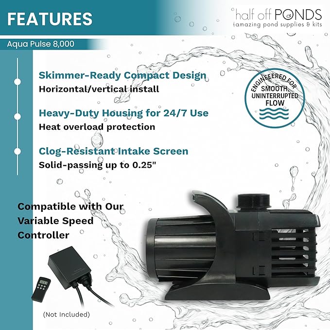 HALF OFF PONDS Submersible Water Pump, 8,000 GPH Pond Pump with 33FT Power Cord and 24FT Max Head, 540W Ultra Quiet Energy Efficient Pump for Koi Pond, Fountain, Waterfall, Water Garden, Skimmer