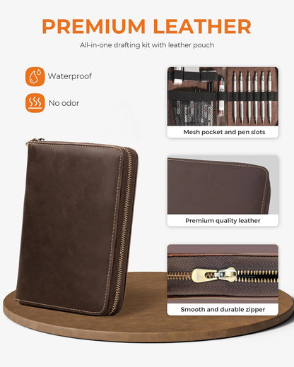 Metal Mechanical Pencil Set in Leather Case, 5PCS Art Drafting Pencil 0.3, 0.5, 0.7, 0.9 & 2mm Lead Holder, 9 Tube (4B 2B HB 2H Colors) Lead Refills for Drawing, Sketching, Writing (Black)