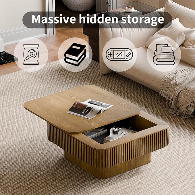 Square Coffee Table for Living Room, Fluted Drum Accent Tea Center Table