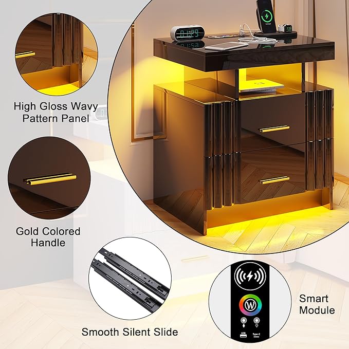 Nightstand with Wireless Charging Station, Smart Night Stand with 2 Drawers