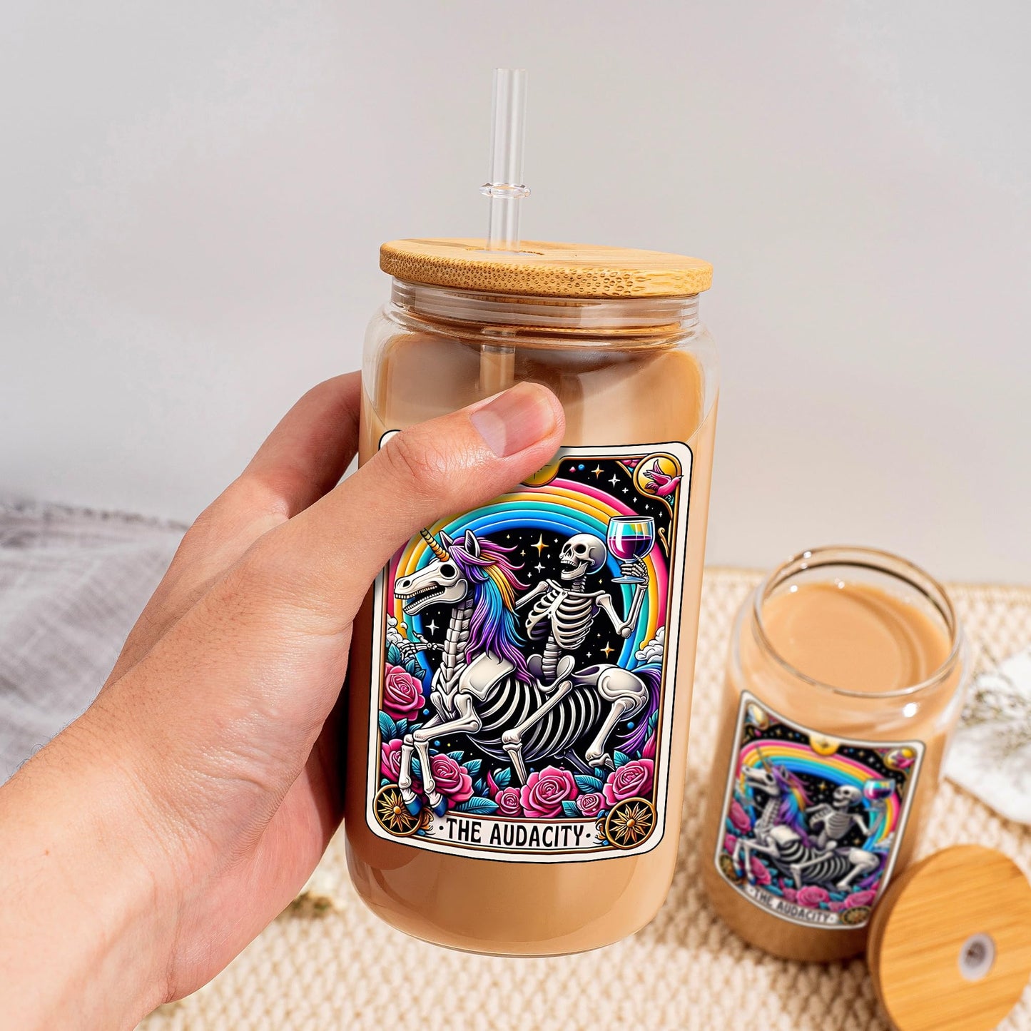 KERAOO 16oz The Audacity Coffee Cup with Lid Straw, Halloween Skull Aesthetic Glass Can, Sarcastic Skeleton Glass Cup, Gift Idea for Tarot Lovers Women Sister Friends (The Audacity)