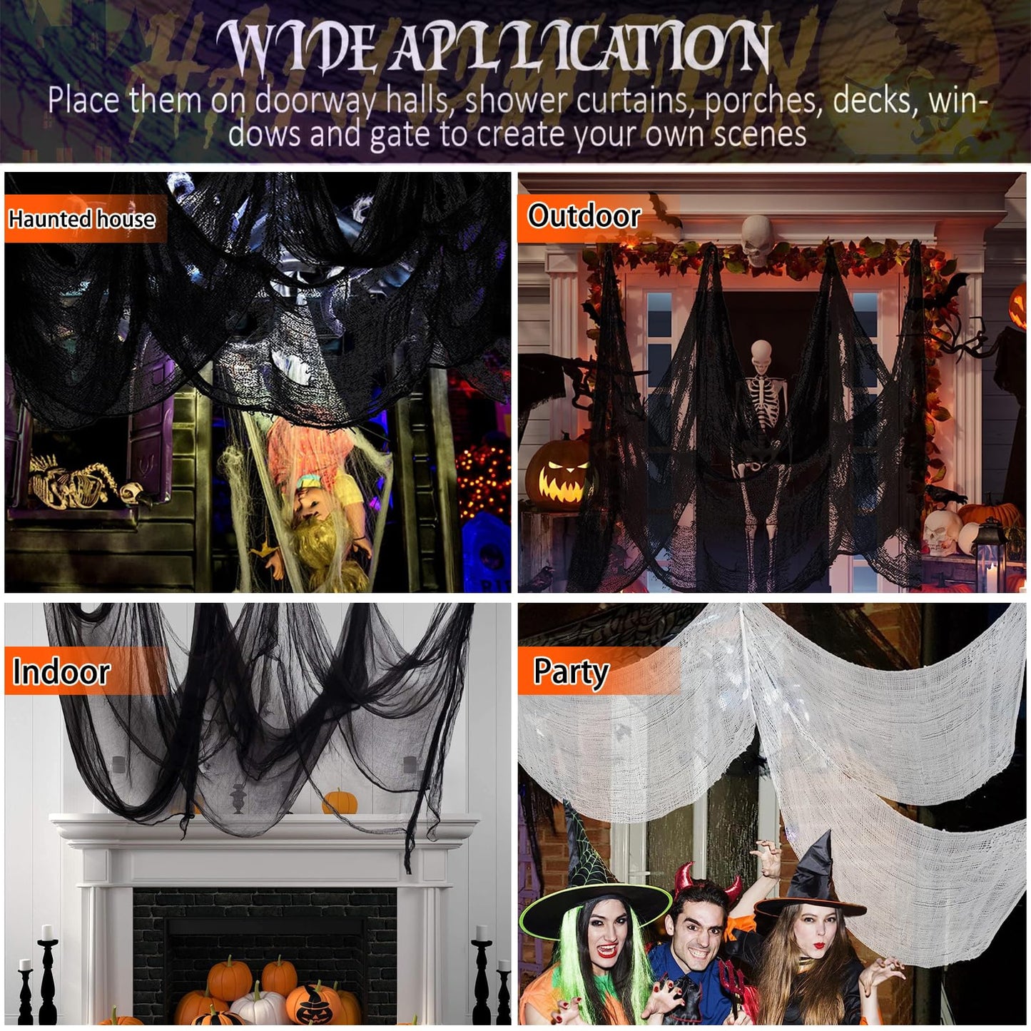 Kijamilee 4 Pack Halloween Creepy Cloths, Scary Spooky Cloth Creepy Gauze, 30 x 72inch Freaky Loose Weave Creepy Cloth, Decorations for Haunted Houses Props Halloween Wall Outdoor Indoor Decor (Black)