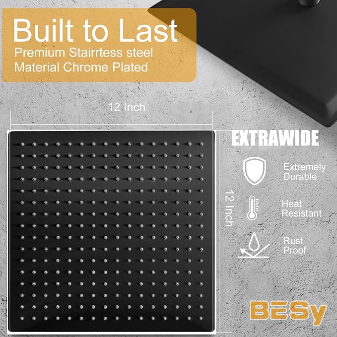 BESy 12 Inch Rain Shower Head, 12" Square Rainfall & High Pressure Stainless Steel Bath Showerhead, 1/16" Ultra Thin, Waterfall Full Body Coverage with Silicone Nozzle, Matte Black Finish