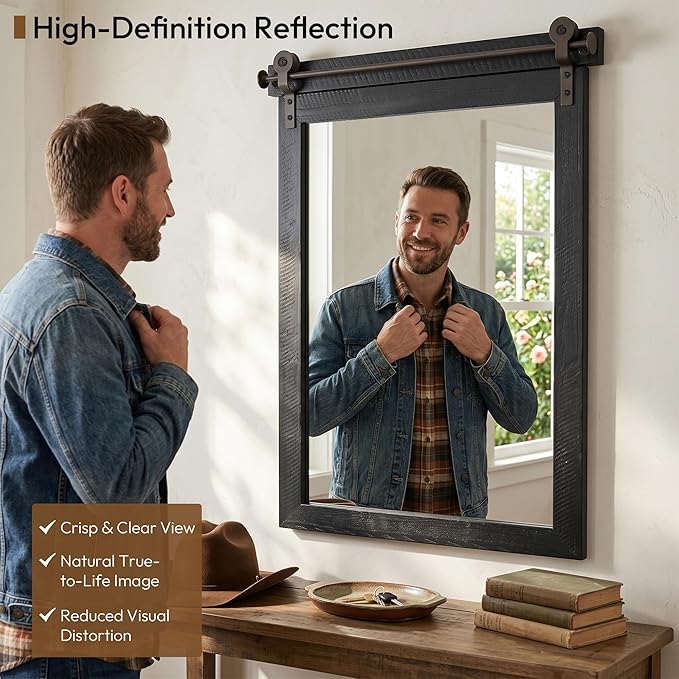 24"x36" Black Barn Door Wall Mirror, Solid Wood Framed Rustic Accent Mirror