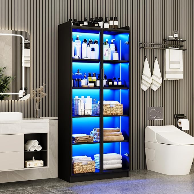Dystler Display Cabinet with Doors and Adjustable Shelves, 5 Tier Display Case
