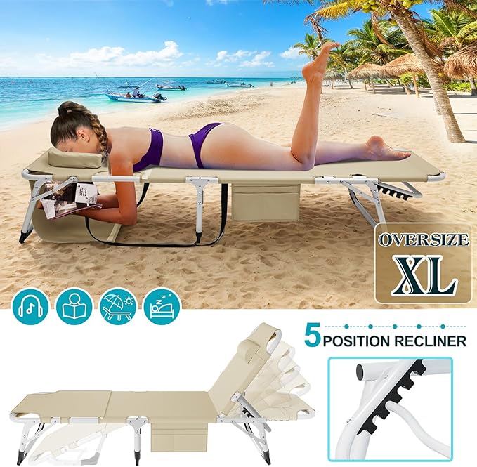 ABORON Heavy Duty Tanning Chair, Outdoor 5-Position Folding Chaise Lounge Chair