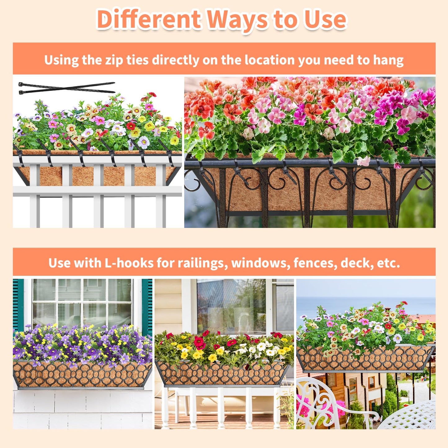 Riare 4 Pack 24 Inch Window Boxes Planters with Coco Liner, Metal Deck Railing Planter Boxes, Balcony Planters Railing Hanging, Horse Trough Window Flower Planter Boxes for Outdoor Porch Fence Patio