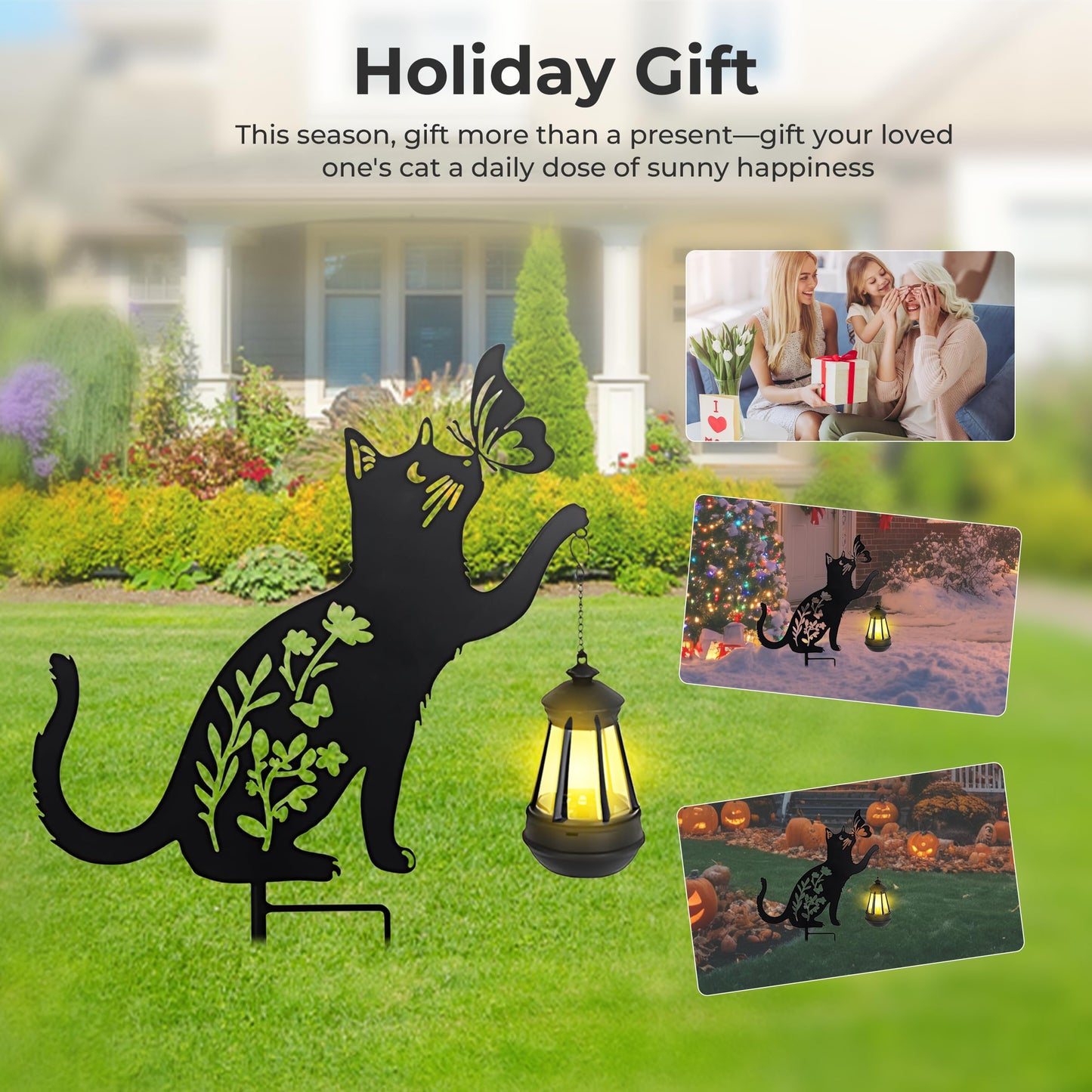 Cat Solar Lights Outdoor Garden, 2 pcs Lantern Stakes Decorative Black Ornament with Butterfly,Metal Garden Decor Art for Outside Lawn Yard Patio, Cat Yard Art Gifts for Halloween,Christmas