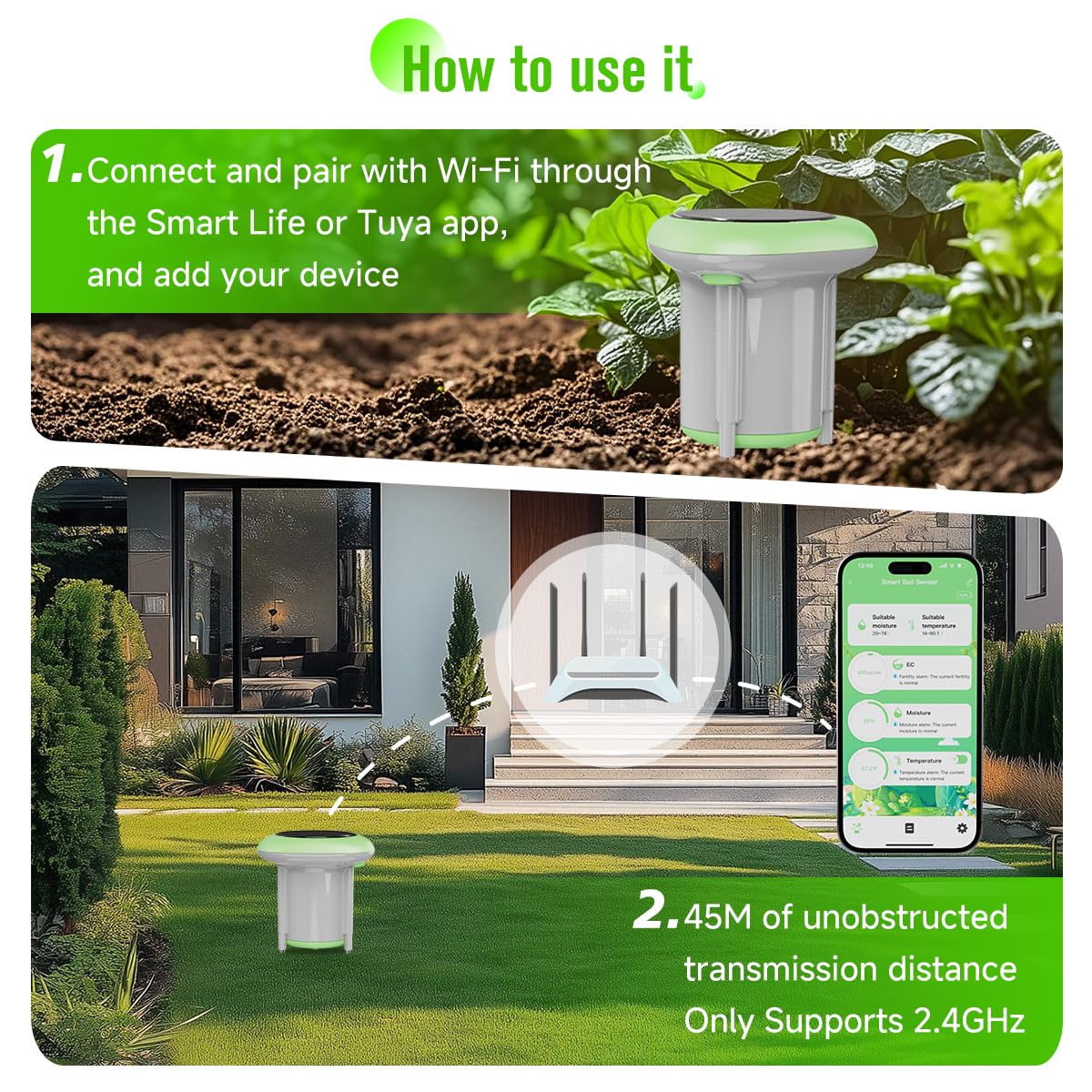 Smart 3-in-1 Soil Moisture/Temperature/Fertility Meter for Plant, Soil Test Kit for Garden/Farming/Lawn, GreenVation Digital Soil Sensor with Tuya/Smart Life APP Push Notification