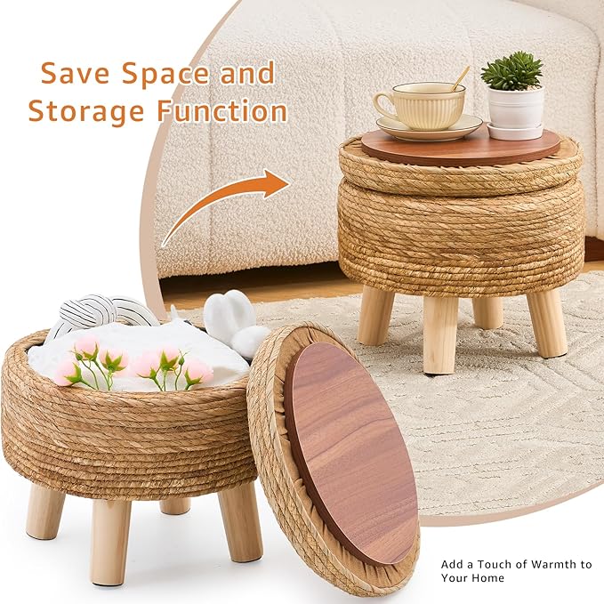 Cpintltr Storage Ottoman Poufs Handwoven Footstool Natural Seagrass Round