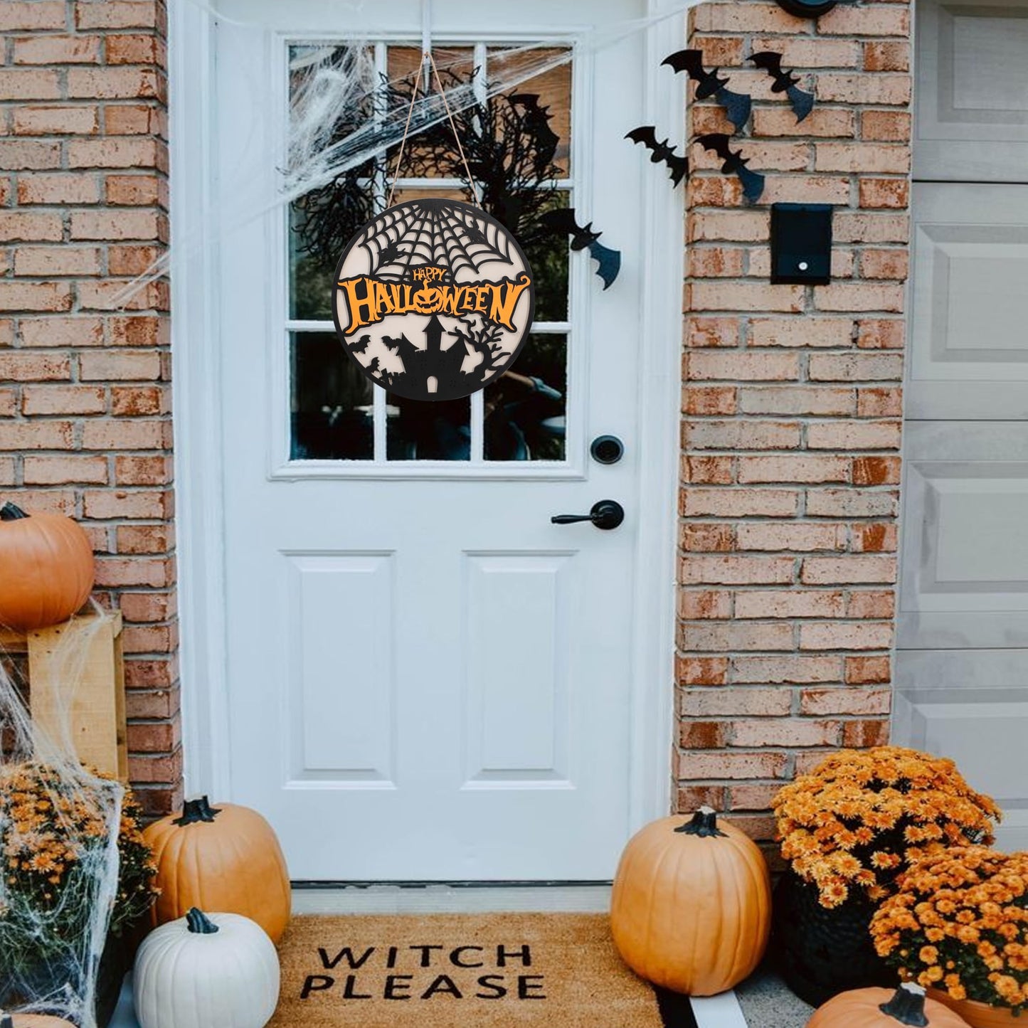 Happy Halloween Wooden Hanging Sign - Halloween Party Decorations, Halloween Ghost Door Sign, Halloween Garland, Wooden Wreath Indoor Wall Hanging Decorations (Happy Halloween Wreath)