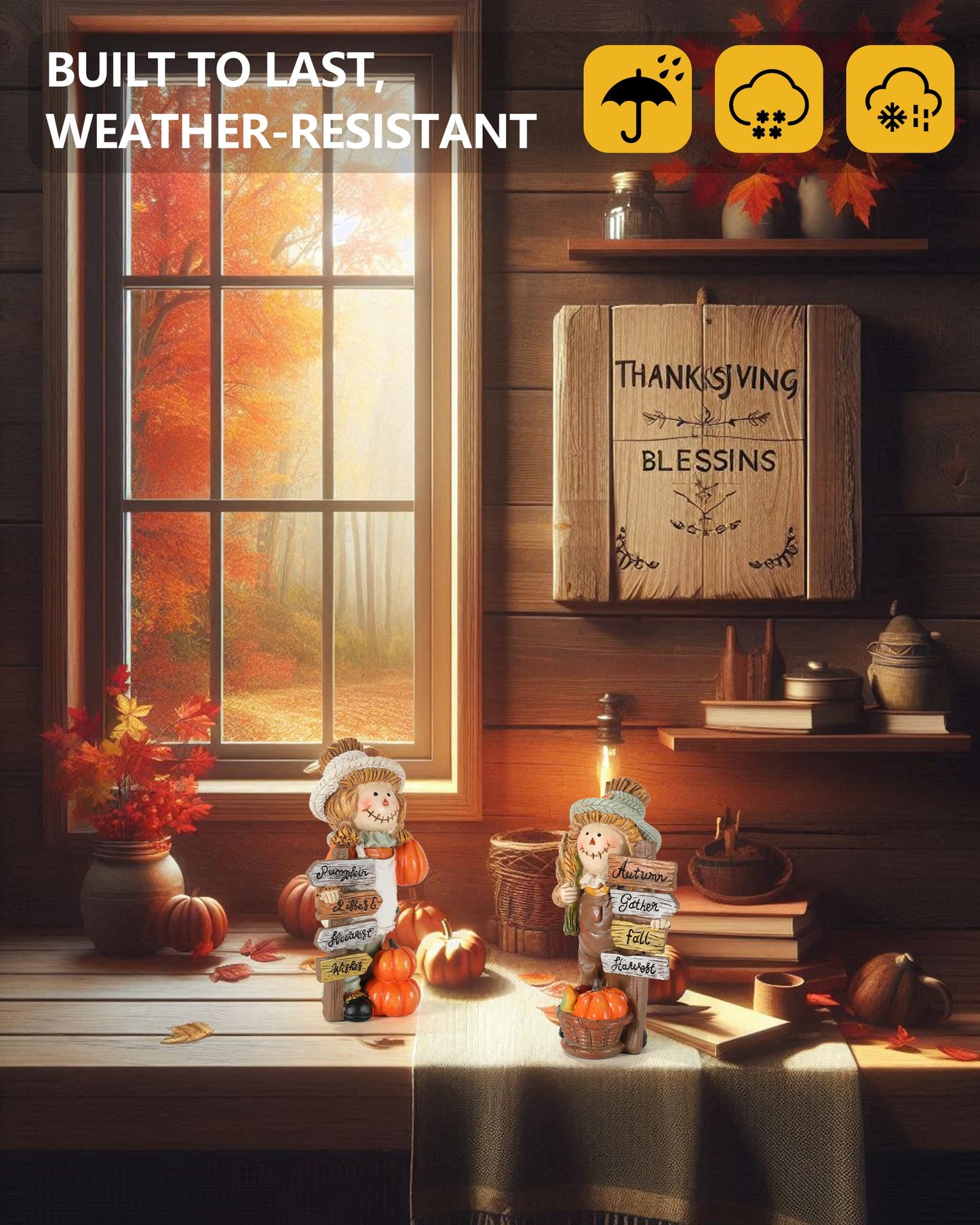 GoGnome 2-Pack Thanksgiving Scarecrow Figurines with Inspirational Autumn Plaques - Durable Resin 5.5'' Thanksgiving Table Decor - Fall Decorations Indoor Outdoor Harvest Gifts (Scarecrows)
