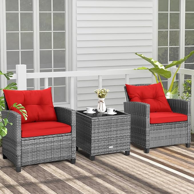COSTWAY 3PCS Patio Furniture Set, PE Rattan Wicker Sofa w/Washable Cushion and