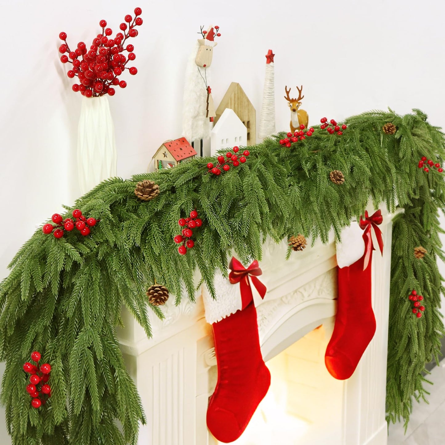 2 PCS 6FT Artificial Norfolk Pine Garlands - Real Touch Winter Pine Garland, Green Artificial Greenery Garland for Mantle, Table, Wall, Indoor & Outdoor Fireplace Christmas Decorations