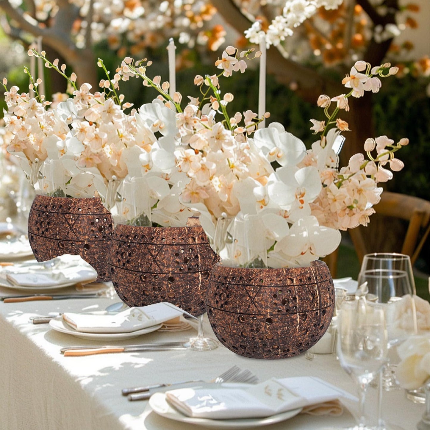 AuroraTurn 4 PCS Handmade Coconut Planters for Centerpieces, Coconut Flower Vase Rustic Planter Pots for Garden Party Wedding Window Home Farmhouse Christmas Table Decor