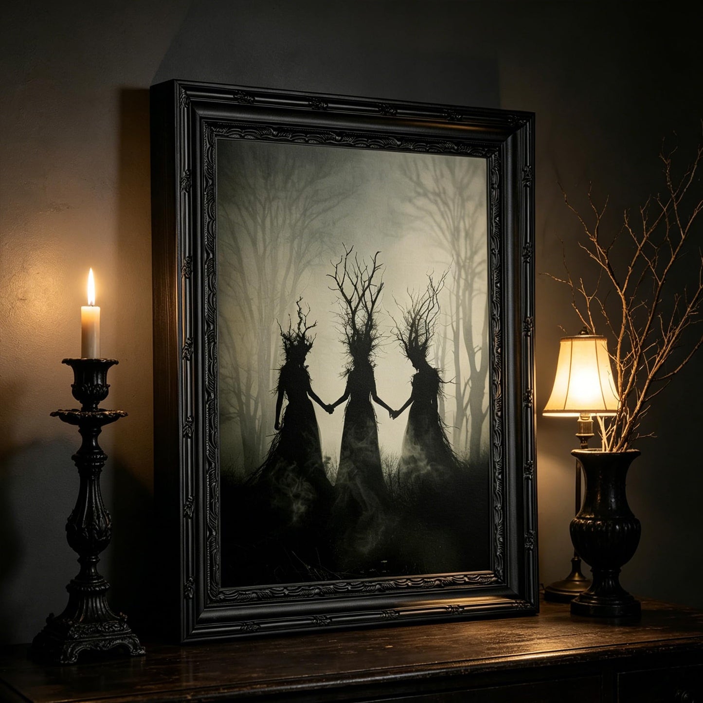 Framed Witch Canvas Wall Art,Occult Painting Picture Wall Decor,Dark Moody Poster Print Artwork,for Bedroom Living Room Halloween Party Home Decoration 9x11in