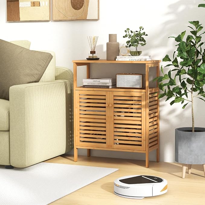 Tangkula Bamboo Floor Cabinet, Bathroom Storage Cabinet