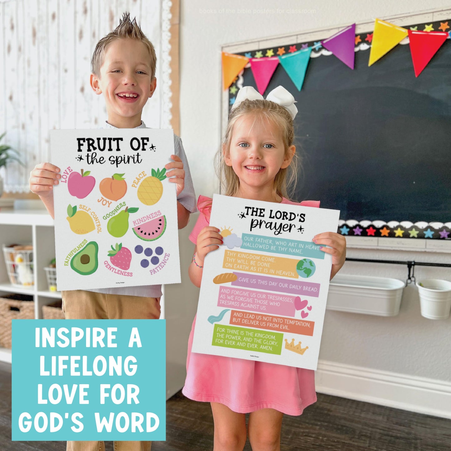 Hadley Designs Sunday School Decorations for Classroom –9 Bible Posters for Kids, Books of the Bible, 10 Commandments, Bible Timeline Chart, Fruits of the Spirit, Pastel Christian Classroom Decor