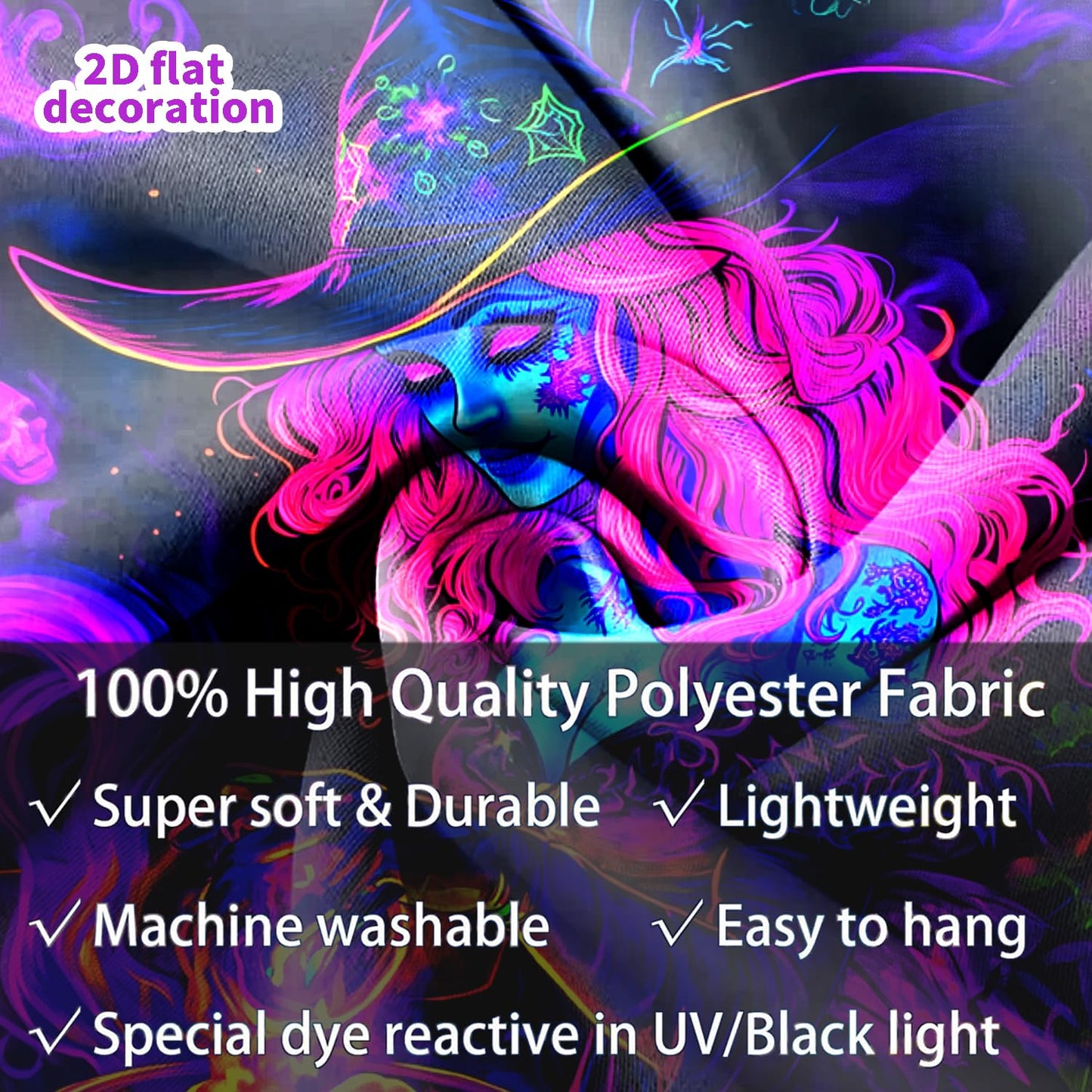 BSFHH Black Light Tapestry – UV Reactive Glow in the Dark Wall Hanging, Spooky Night Scene with Ghosts & Pumpkins, Haunting Home Decor for Parties, Bedroom, or Dorm (Witches, 79L x 59W, Unframed)
