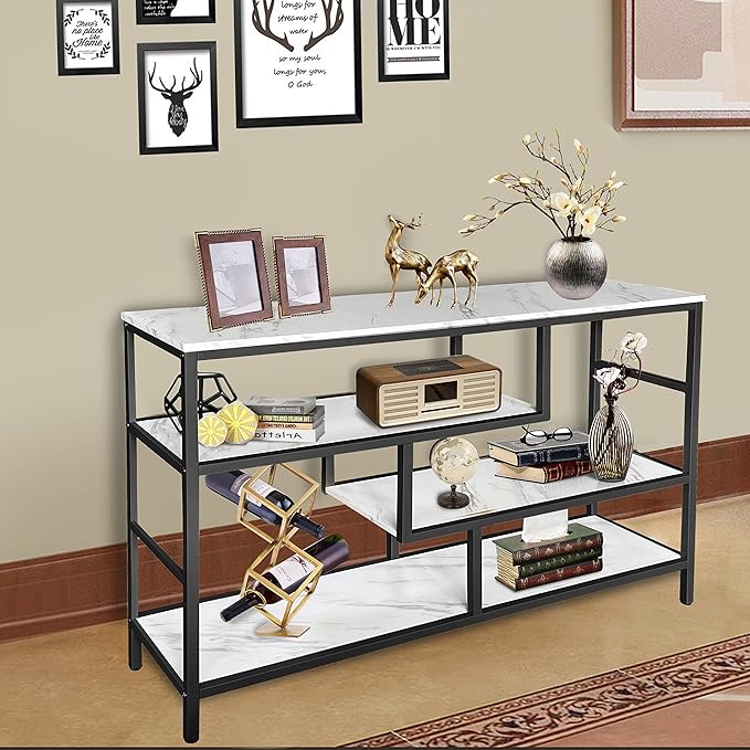 AT-VALY Console Table with Storage Shelves, Sofa Table Entryway Table with Faux