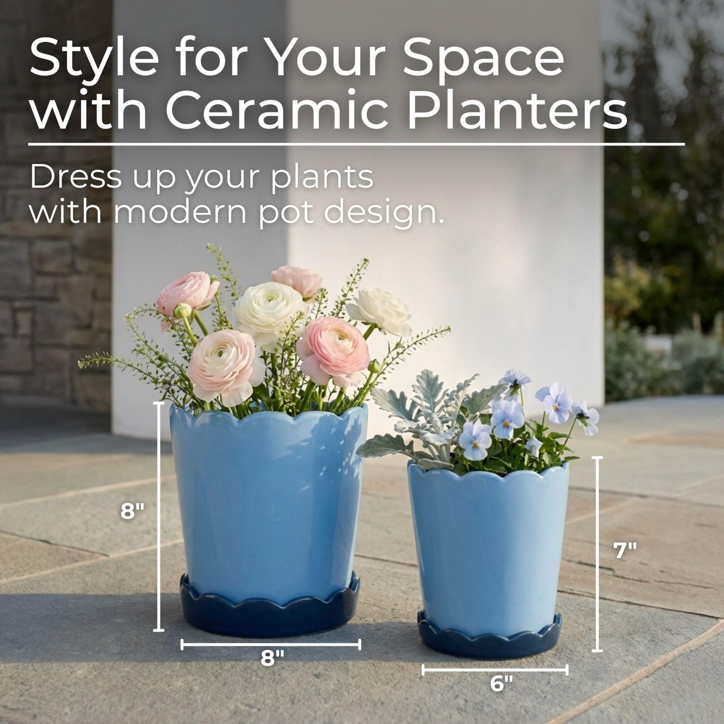 Modern Ceramic Flower Pots for Home Decor Accent - Scalloped Edge Planters and Pots for Plants with Glazed Design - Glossy Planters for Indoor and Outdoor Display - Set of 2, 8", 7", Blue