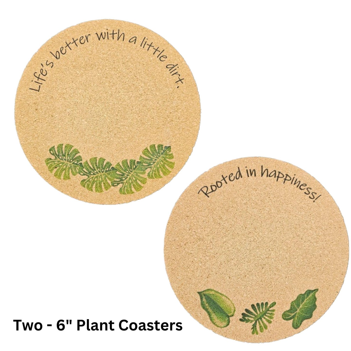 Plant Coaster Set of 6 – Cork & Plastic Coasters for Houseplants – 8", 6", & 4" Sizes – UV Printed with Cute Plant Sayings – Protects Surfaces from Moisture & Scratches