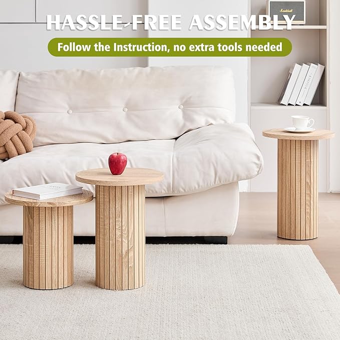 Round Side Tables Set of 3, Circle Modern Fluted Nesting Coffee Table, Accent