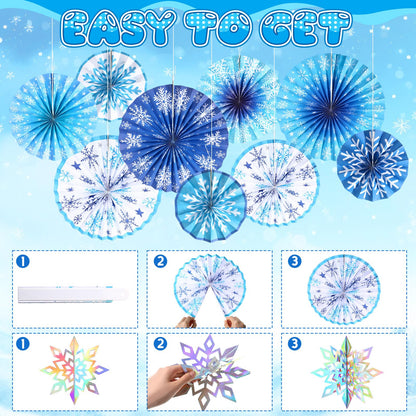 Outus 16 Pcs Snowflake Hanging Decorations Winter Paper Fans Blue Winter Paper Garland 3D Holographic Snowflakes for Xmas Wonderland Birthday Party Ceiling Wall Supplies Decoration