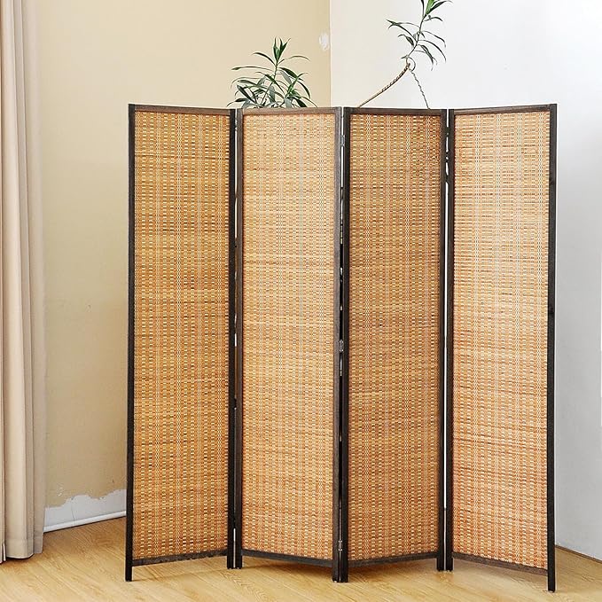 4 Panel Bamboo Room Divider Screen, 5.6 FT Tall Bamboo Divider Folding Panel