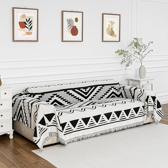 MYSKY HOME Sectional Couch Cover Black Boho Geometric Sofa Covers