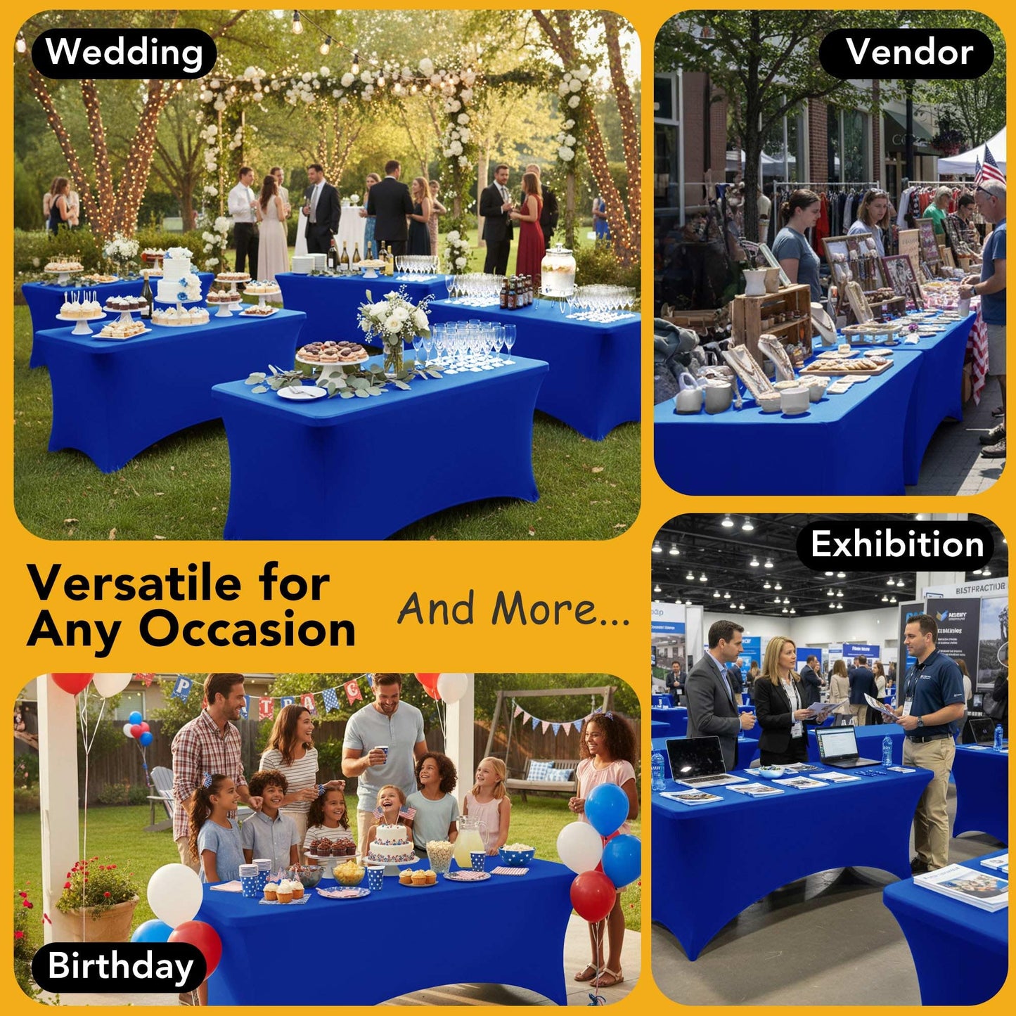Dailyset 6-Pack Premium Royal Blue Spandex Tablecloths for 6ft Rectangle Tables, Stain & Wrinkle-Resistant, Washable Stretch Polyester Fitted Table Cover for Weddings, Banquets, Events, Parties