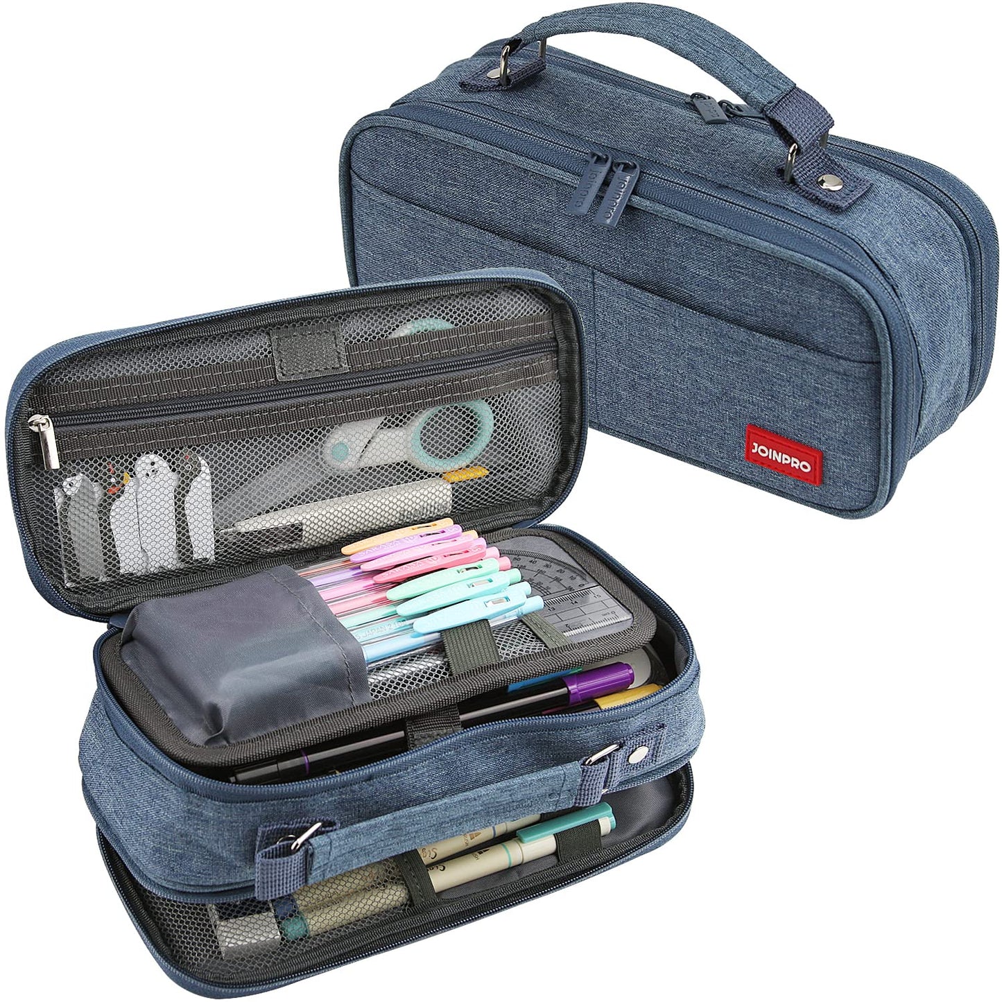 JOINPRO Large Capacity Pencil Case, 4 Compartment Pen Pouch Organizer with Double Zipper, Storage Bag for School, Office, Teen Girl Boy Men Women (Blue)