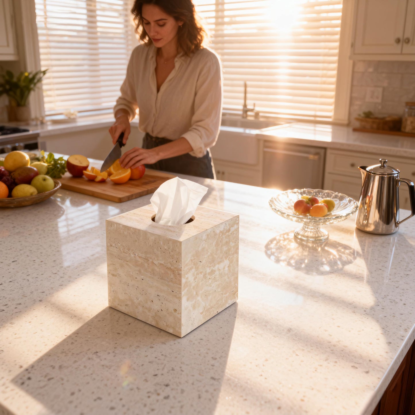 N NANSHOP Natural Travertine Marble Tissue Box Holder Cover, Square Cube Tissue Box Holder with Open Bottom for Bathroom Vanity Tops, Bedroom Dressers, Kitchen Countertop, Travertine Beige(NS022)