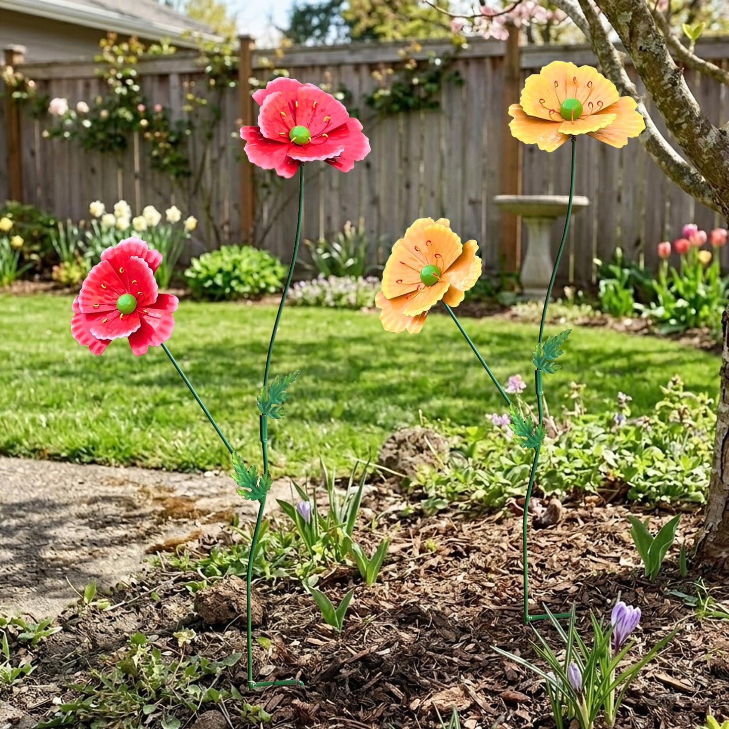 WKHOMEDECO Metal Flowers for Outside, 30" Tall 2-Pack Decorative Garden Stakes - 3D Double-Layer Iron Flowers, Metal Flowers Outdoor Decor for Garden Yard & Patio