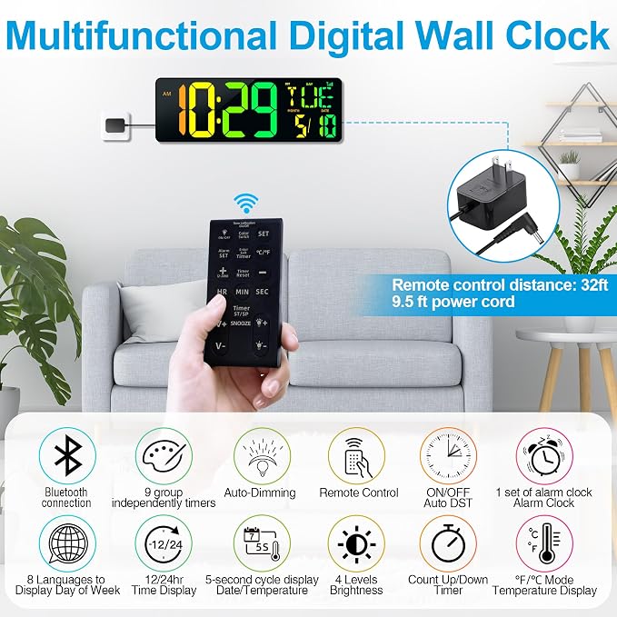 17.2" Large Digital Wall Clock with Bluetooth Auto Sync Time Big Timer | Led Digital Clock Large Display,11 RGB Color,Auto Dimming/DST, with Remote Control for Home Classroom Gift for Mom Dad