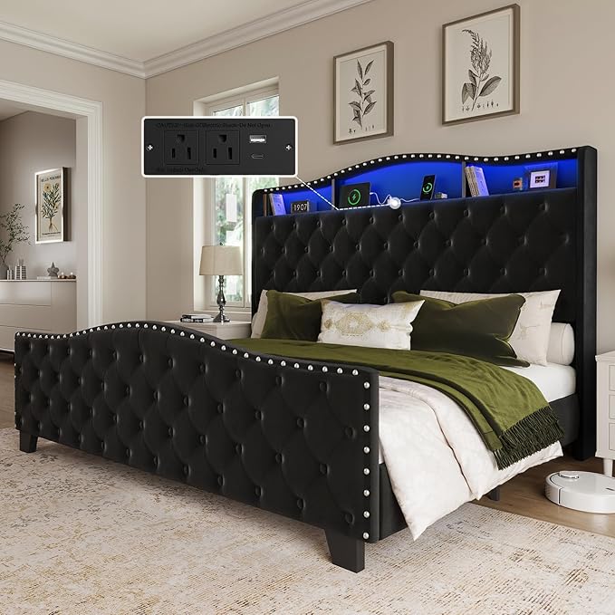 Belffin King Size Bed Frame and Headboard, 50.9" Velvet Upholstered Wingback