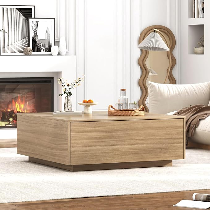 chartustriable 43” Square Coffee Table with Storage, 43" D x 43" W x 17" H Modern Large Square Center Table with 2 Drawers, Wood Coffee Table for Living Room, Light Brown,Bedroom,Light Brown