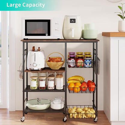 HapiRm Rolling Kitchen Microwave Cart - 4 Tier Microwave Table Stand with Pull-Out Baskets, Coffee Bar Baker's Rack with Wheels Rolling Storage Cart Organizer Shelf for Living Room Office, Balcony