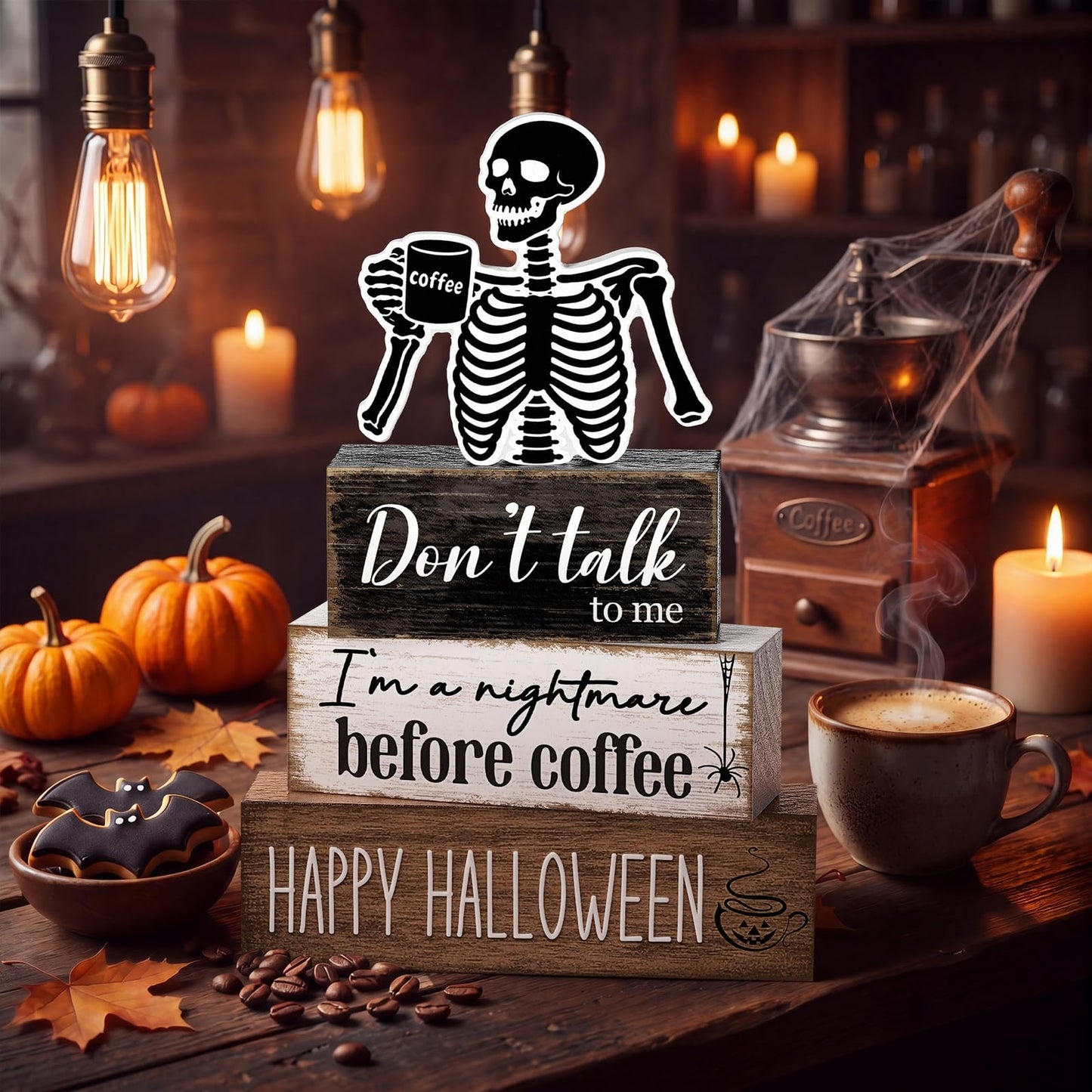 Marsui 4 Pcs Halloween Coffee Bar Decorations Skeleton Nightmare Before Coffee Tabletop Decor Funny Gothic Wooden Sign Block Halloween Table Centerpiece for Home Indoor Office Shelf Tiered Tray Decor