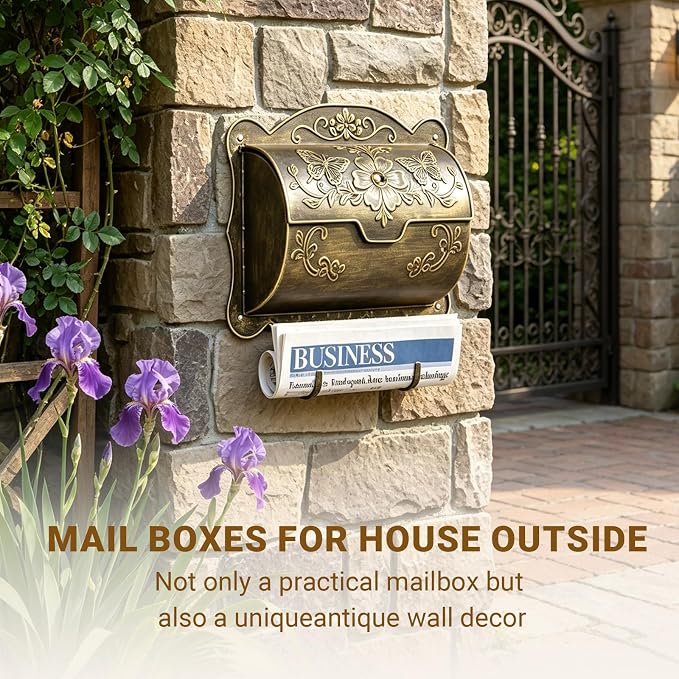 Wall Mount Mailbox with Newspaper Holder, Upgraded Embossed Vintage Mailbox Wall Mount, Butterfly & Floral Decorative Front Porch Antique Mailboxes, Mail Boxes for House Outside Garden
