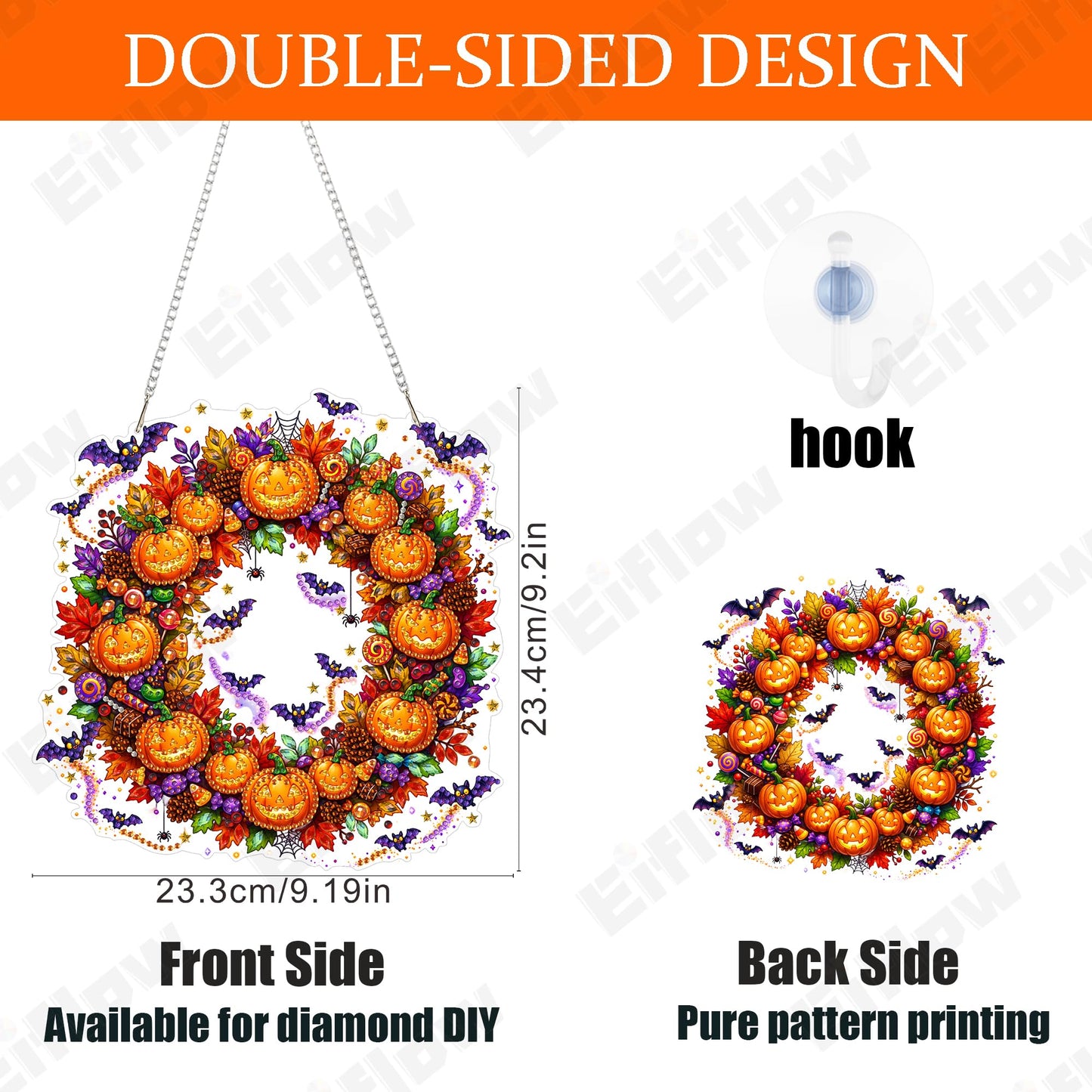 Eiflow Hanging Diamond Art Halloween Kit for Adults DIY Acrylic Diamonds Craft Painting Ornament Pumpkin Kit, Special Crystal Diamond Art Painting Window Door Hanging Pendant Wreath