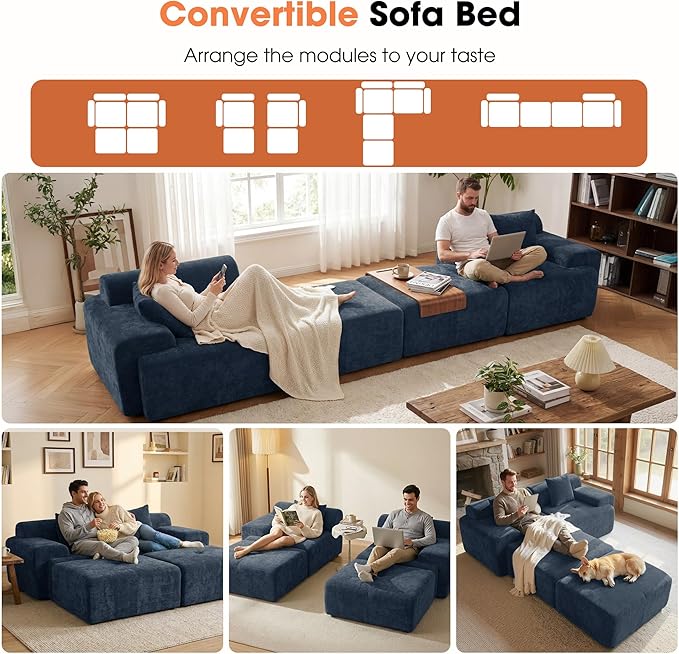 83.5" Boneless Loveseat with 2 Ottoman, Cloud Comfy Sofa Bed, Modular Sofa