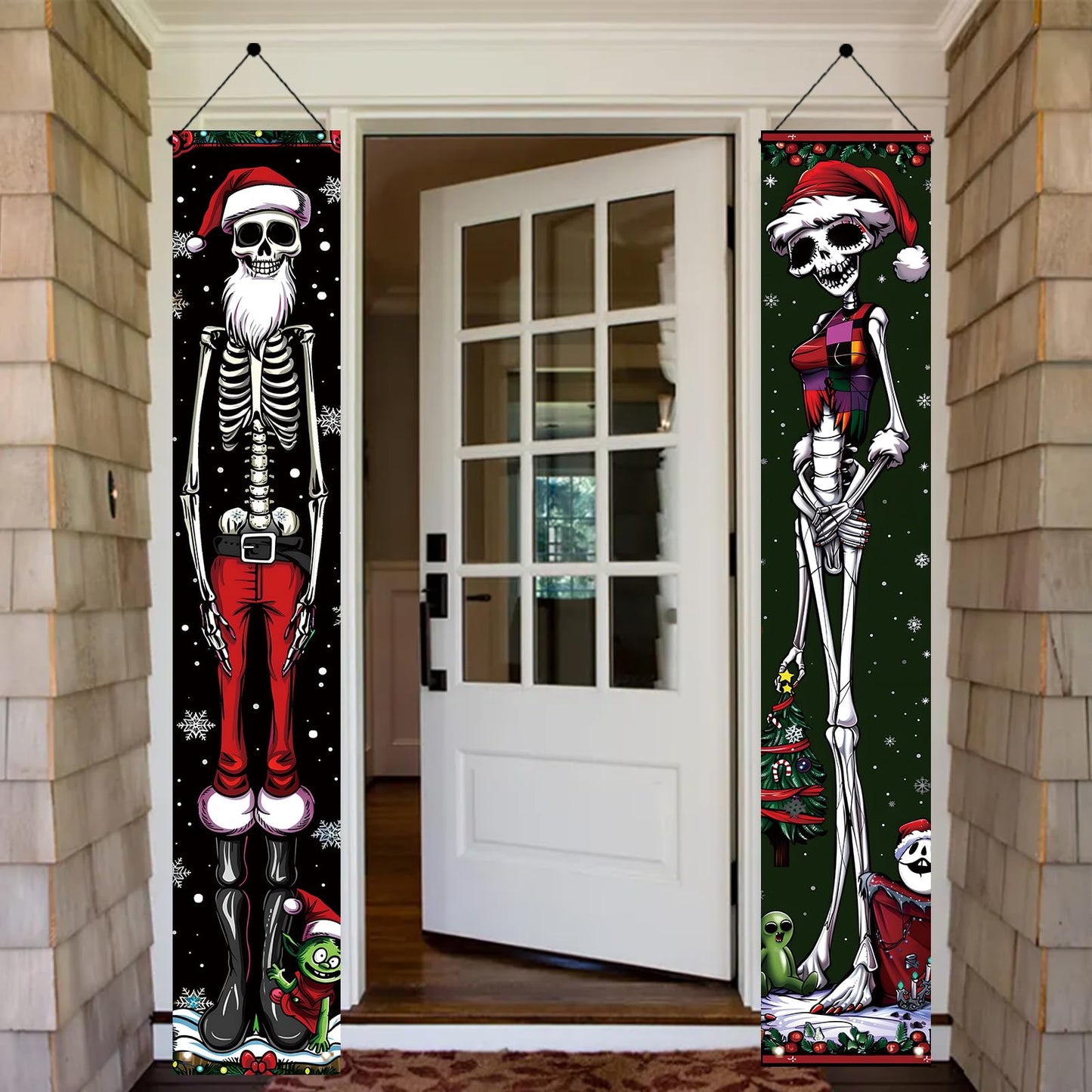 Saoplasa 2PCS Christmas Skeleton Porch Banner Decorations 71 x 12 Inch Holiday Skeleton Couple Front Door Hanging Sign Santa Hat Red Green Outfit Outdoor Wall Decor for Winter Party Yard Entrance