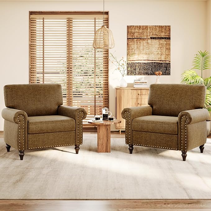 Nailhead Trim Accent Chairs Set of 2, Faux Leahter Mid Century Modern Living