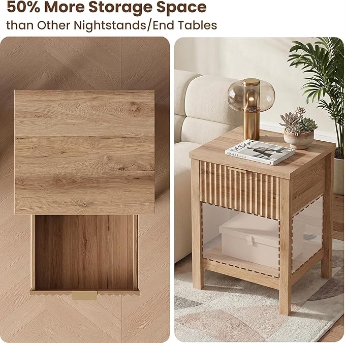 Fluted Night Stand with Golden Handle, Bedside Table with Storage Shelf