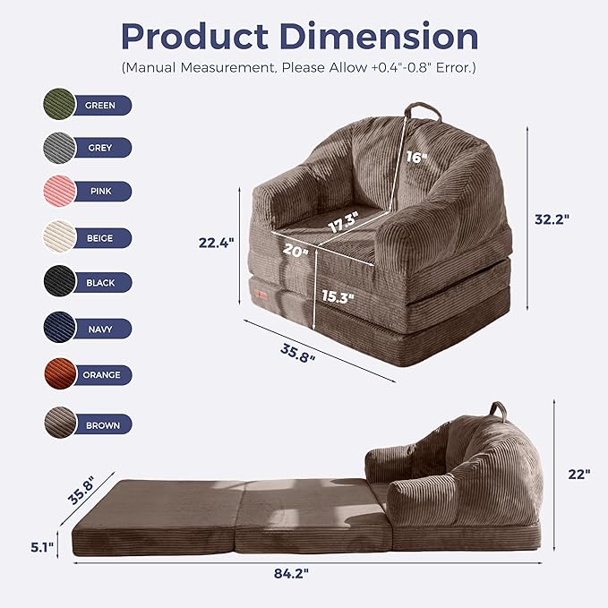 MAXYOYO Folding Sofa Bed with Backrest, Boneless Fold Out Couch Bed with Handle