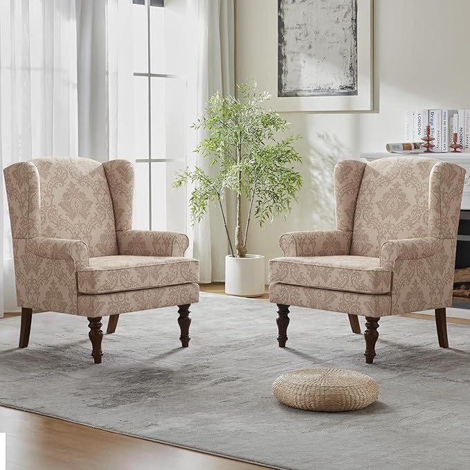 HUIMO Printed Wingback Accent Chair, Linen Upholstered High Back Armchair